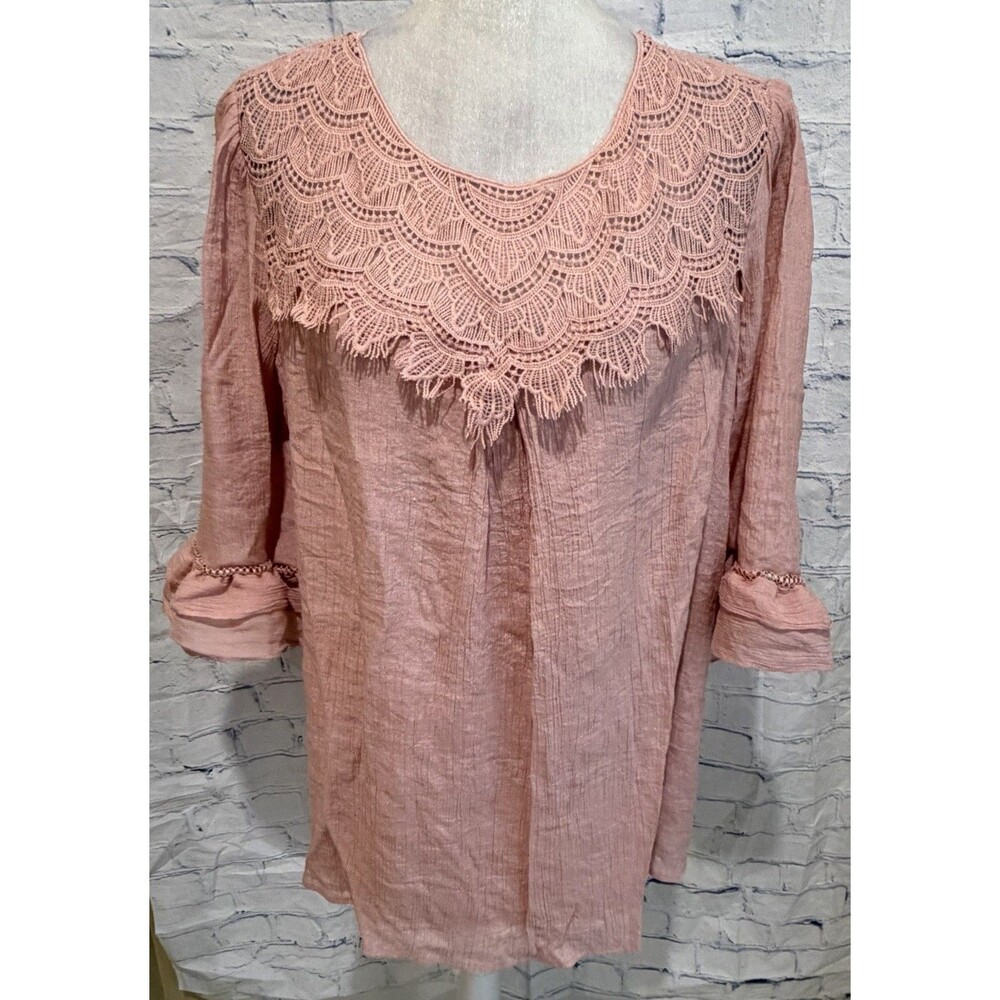 Fig + Flower Women's Pink Lace Boho cottage core Rayon Blouse Plus Size 2X